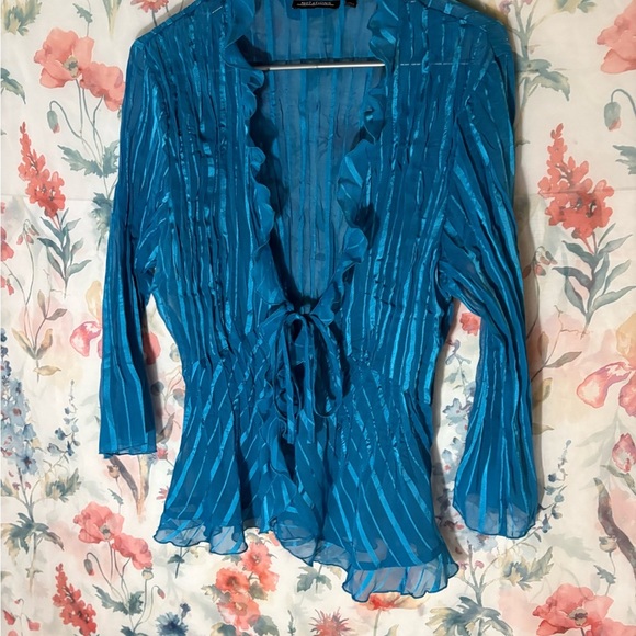 Notations Blue Ruffled Tie Front Blouse - Picture 2 of 9